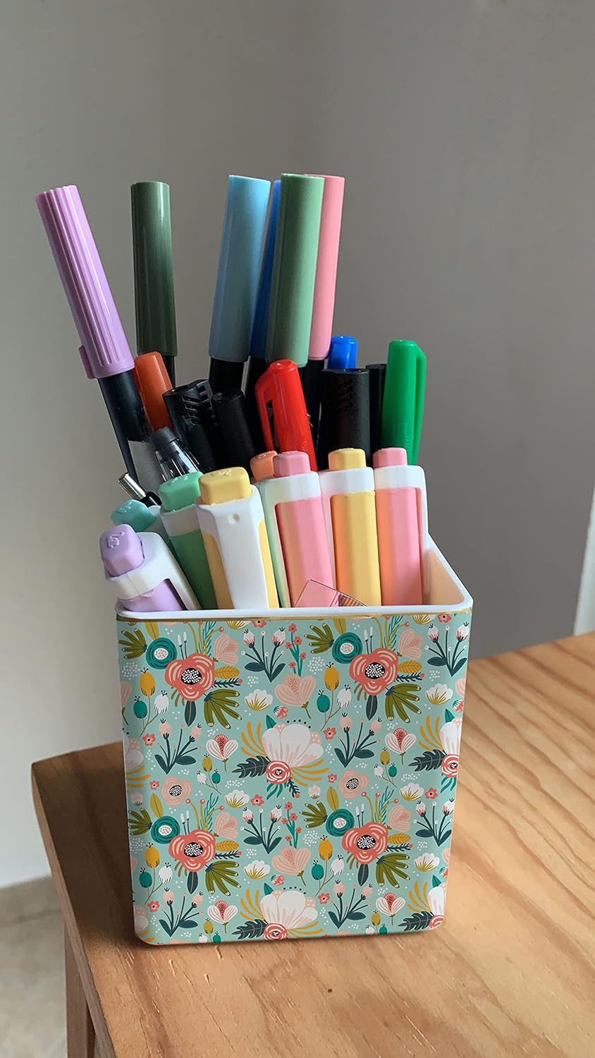 Pen Pencil Holder, Makeup Brush Holder,Ceramic Remote Control Holders Organizer with 2 Compartment Floral Multi-functional Office Organizers Storage Caddy Desk Tv Remote Holders Mint Flowers