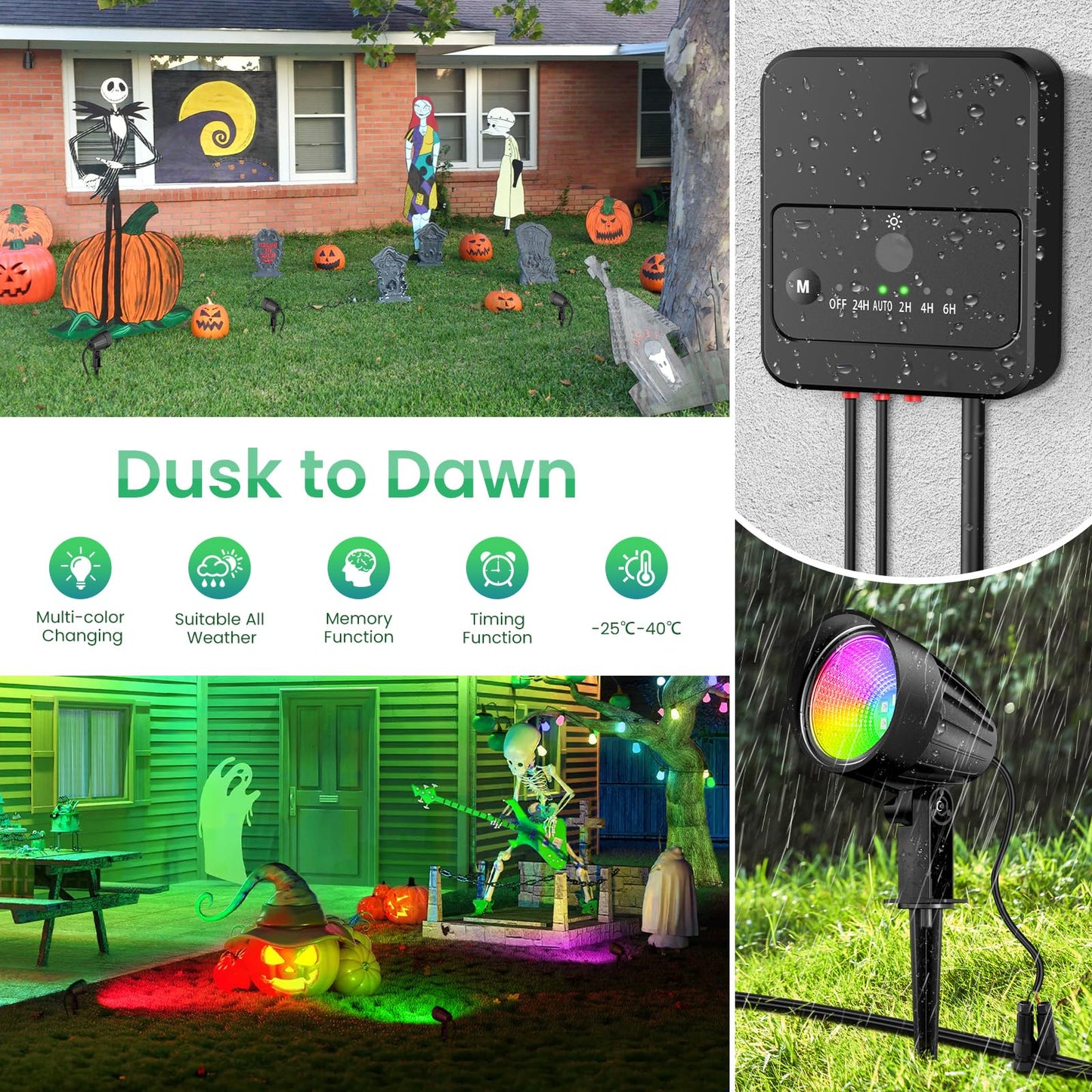 ZZXX Landscape Lighting Kit, RGB LED Outdoor Spotlight, 15W, 8 Pack, Black, Aluminum, Model DSTA15