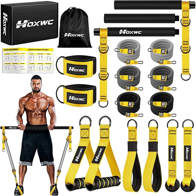 HOXWC Pilates Equipment, Portable Pilates Bar Kit with Resistance Bands, Professional Adjustable Heavy Duty Squat Workout ...
