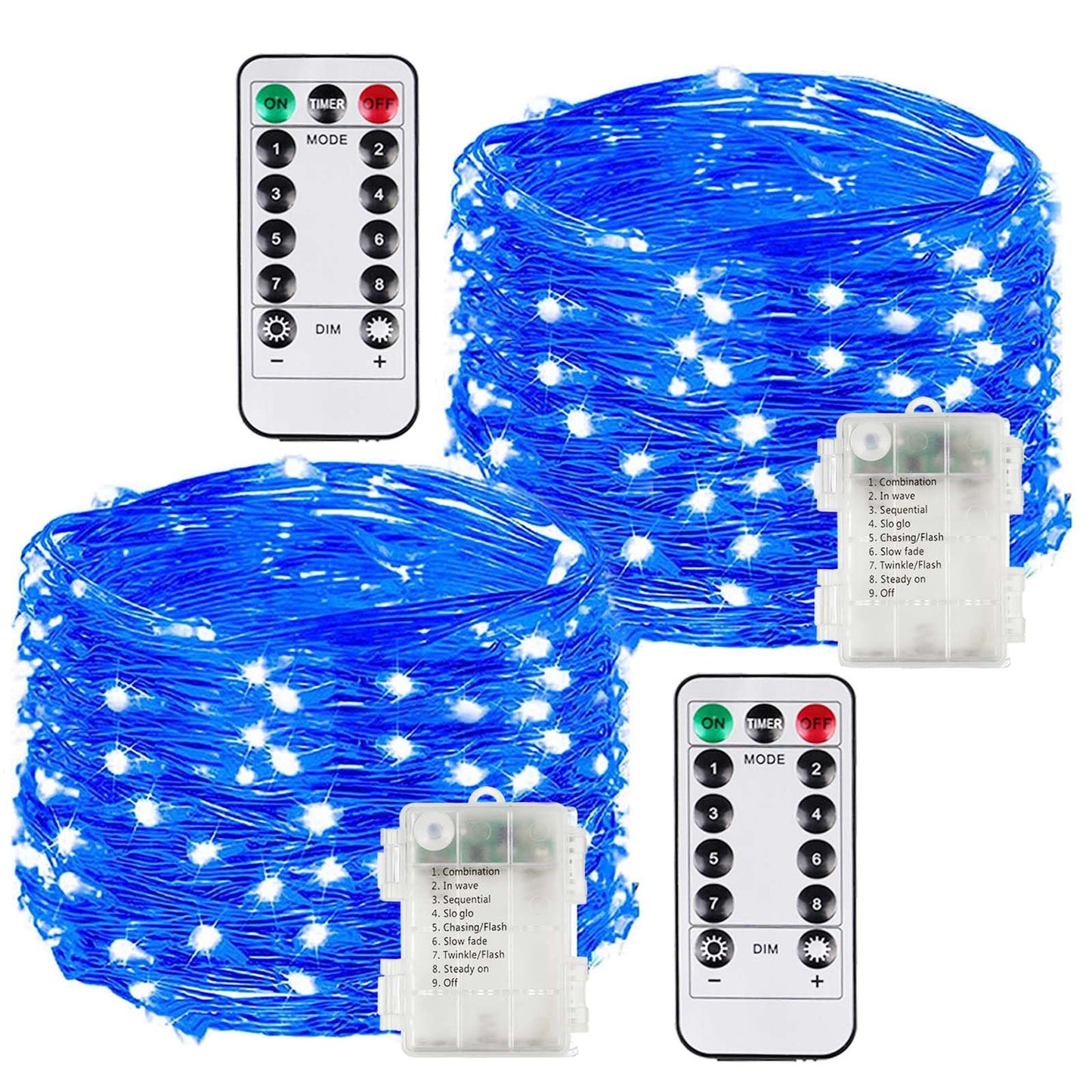 BOSSERN 2 Pack 33FT 100LED Battery Operated Fairy Lights, Waterproof with Remote, Blue, DCHD-02-Blue-RC