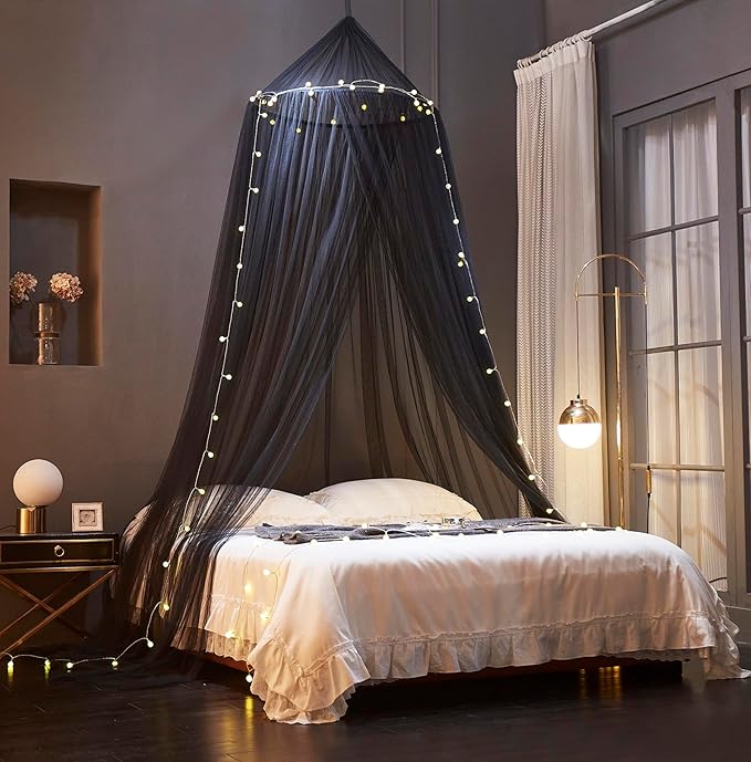 Mengersi Bed Canopy with Lights,Princess Bed Canopy Canopy Bed Curtains for Girls Room,Mosquito Netting Canopy Reading Corners Room Decor for Girls (Black)