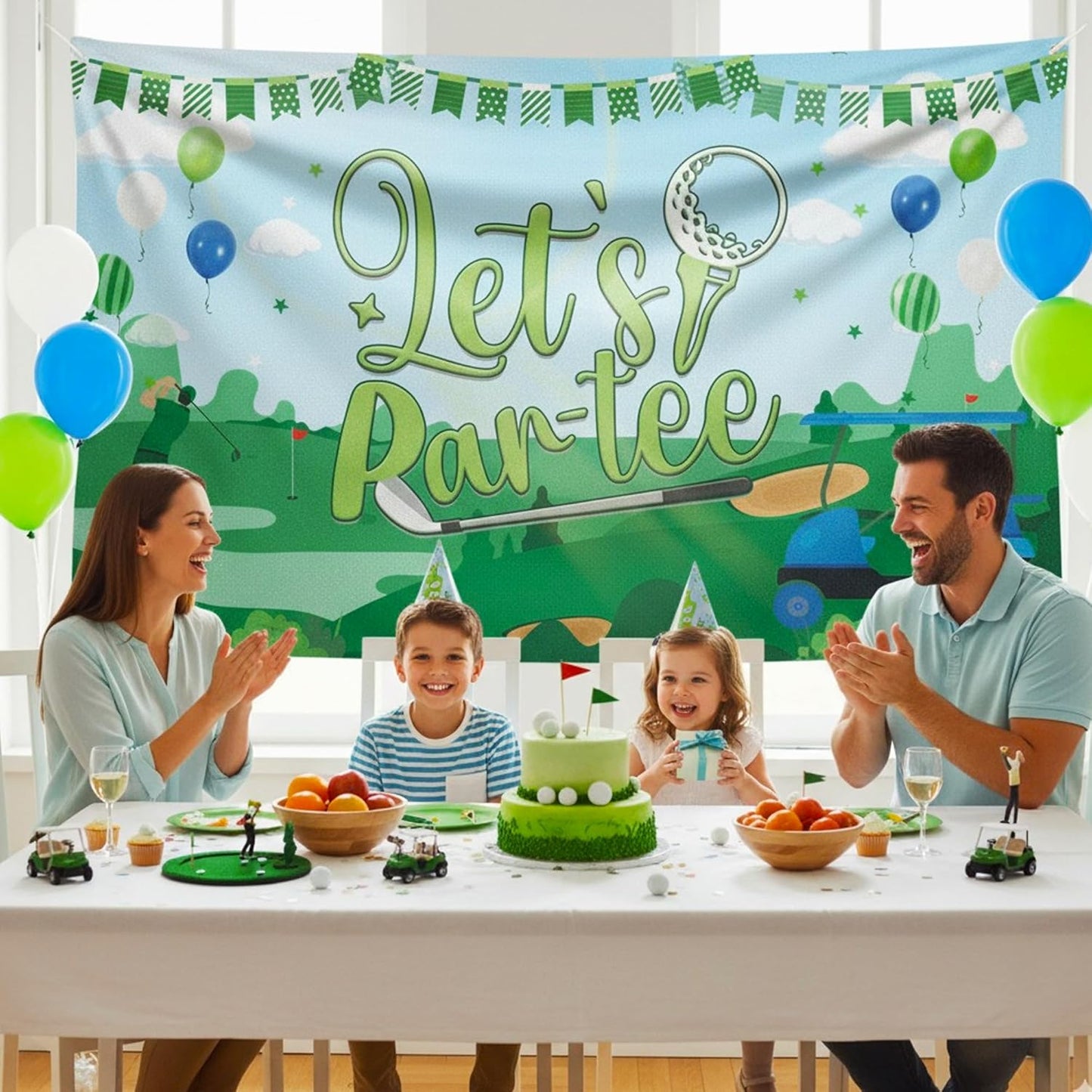Golf Party Decorations Backdrop Banner - Let’s Par‑Tee Vinyl Photo Background for Retirement Birthday Decor, Golf Party Banners with Fairway Green Pattern Design (71x43 in)