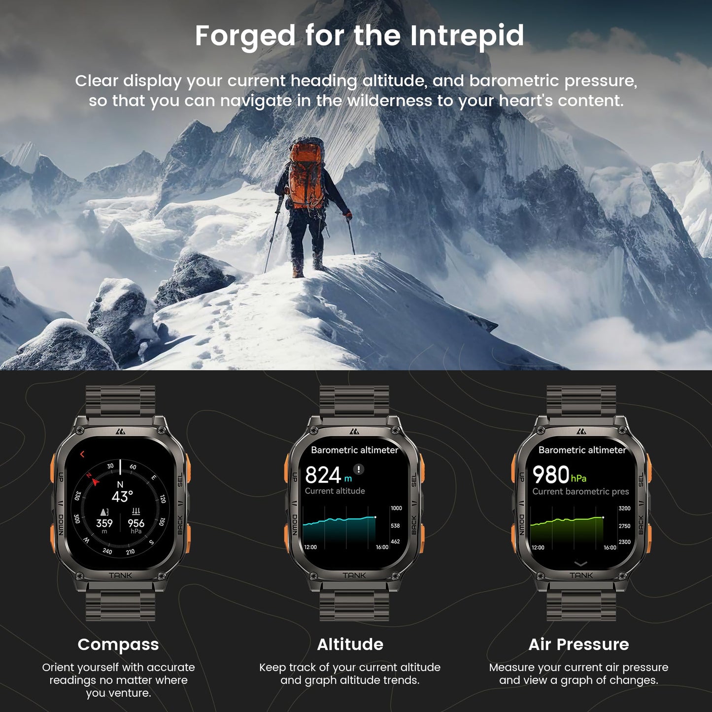 KOSPET Tank M3 Ultra GPS Smart Watch, 50M Waterproof, Compass, Altitude, Air Pressure, 480mAh Large Battery, Stainless Steel, Bluetooth Call, 1.96'' AMOLED Always-on Display, AI Voice, Metal Band