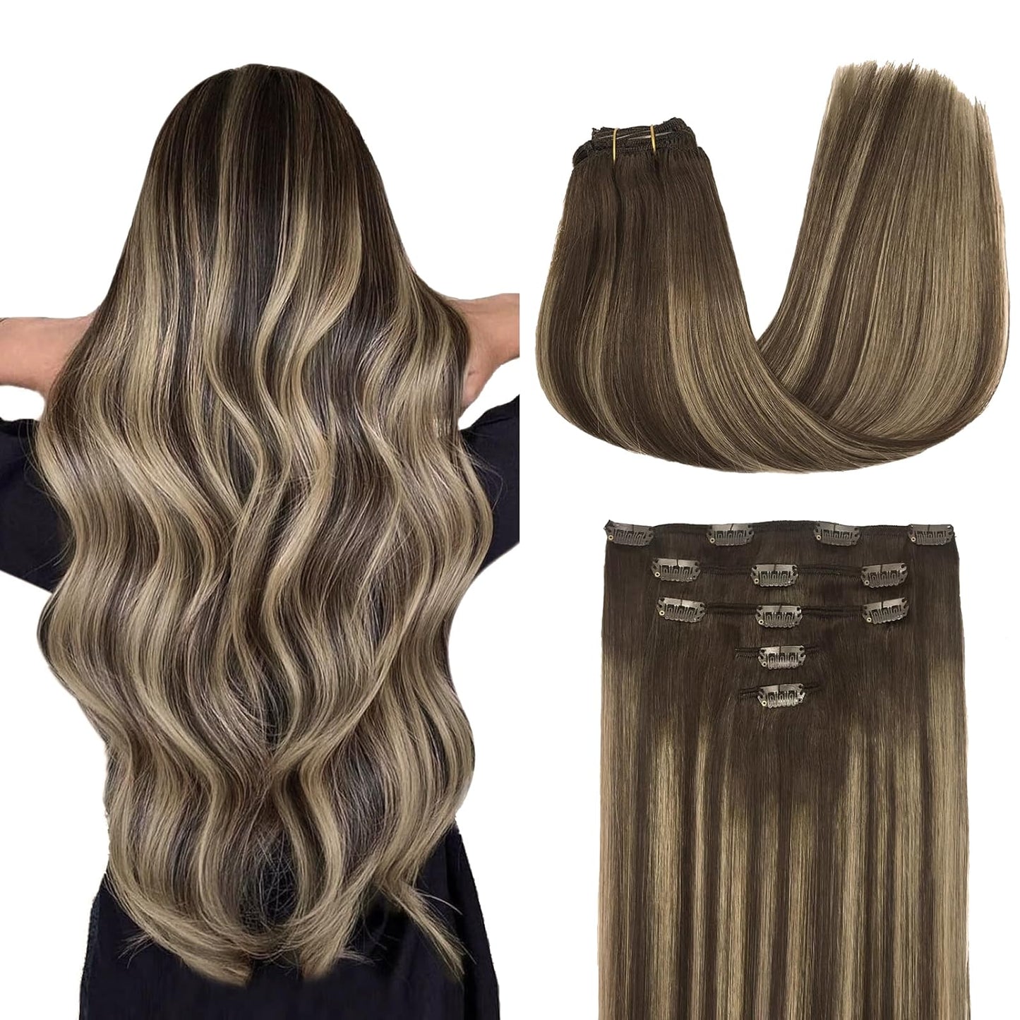 Clip in Hair Extensions Real Human Hair, 7pcs 120g Balayage Chocolate Brown to Honey Blonde 24 Inch, MAXITA Remy Hair Extensions