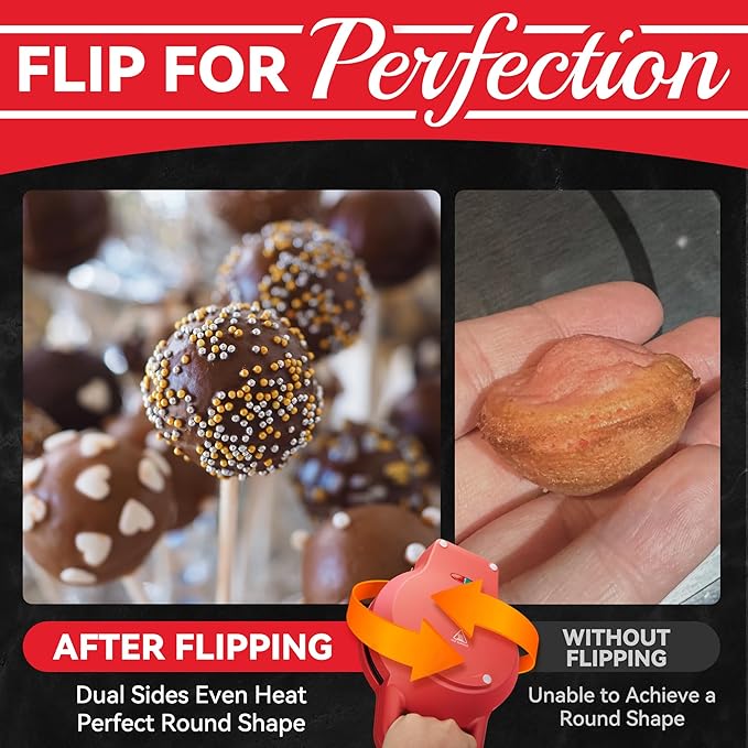 Flip Cake Pop Maker Machine with Ceramic Coating, Make 12 x 1.4 Inch Cake Pops, Cake Pop Kit for Kids, Cake Pop Supplies, Snack Machine, Recipe & Brushed Included, Red