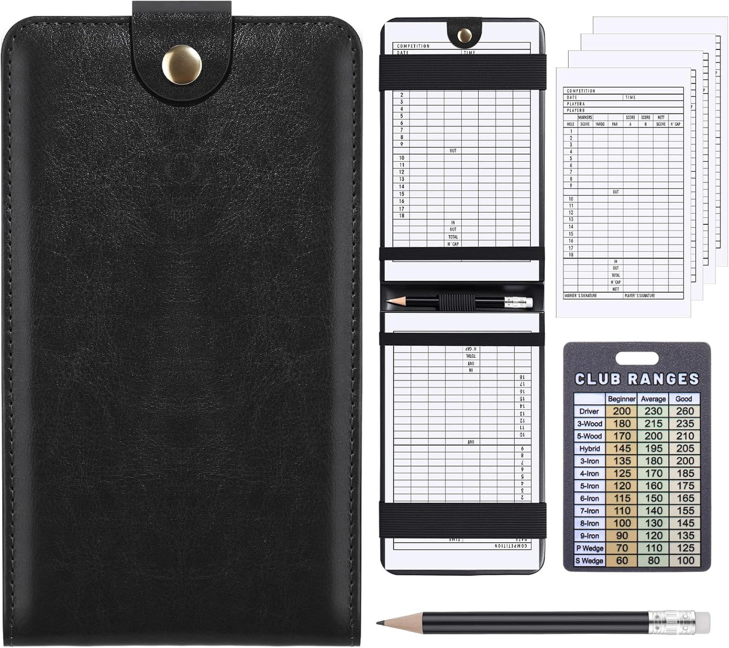 Yexiya 7 Pcs Magnetic Leather Golf Scorecard Holder with 4 Scorecard Books 1 Pencil 1 Golf Reference Distance Card Yardage Book Gift for Men Golfers Sports Outdoor Club Accessories