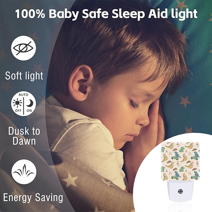 Cute Cartoon Dinosaurs Night Light for Kids, Funny Dino Car Truck Night Light Plug in with Dusk to Dawn Sensor, 0.5w Energy Saving Sleep Friendly Nightlight for Hallway Stairway Kitchen Bedroom