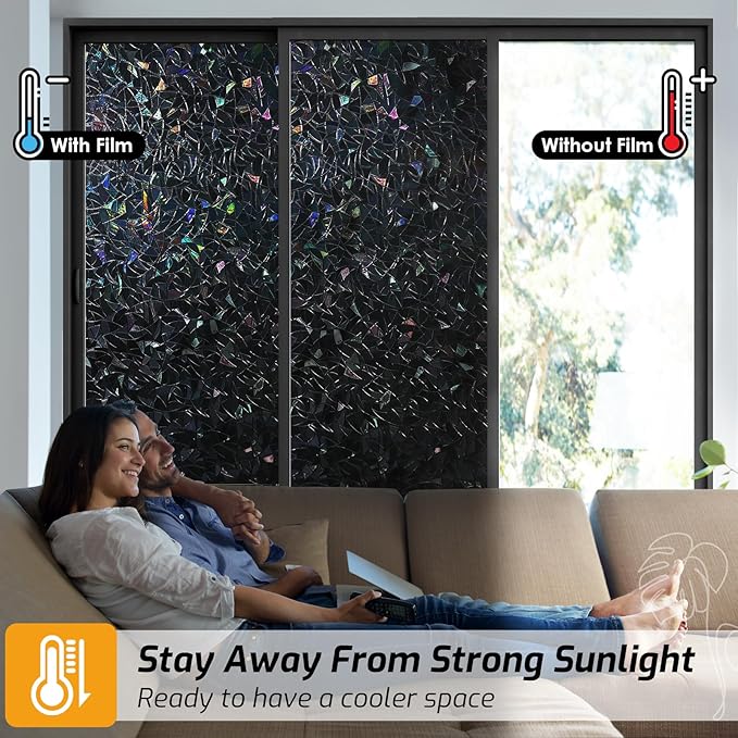 LUTE Black Out Window Film, Sun Light Blocking Window Film for Room Darkening Day Sleep, 100% UV Blocker Stained Glass Blackout Cover, Rainbow Black Out Shades Tint for Home, 35.4" x 157.4"