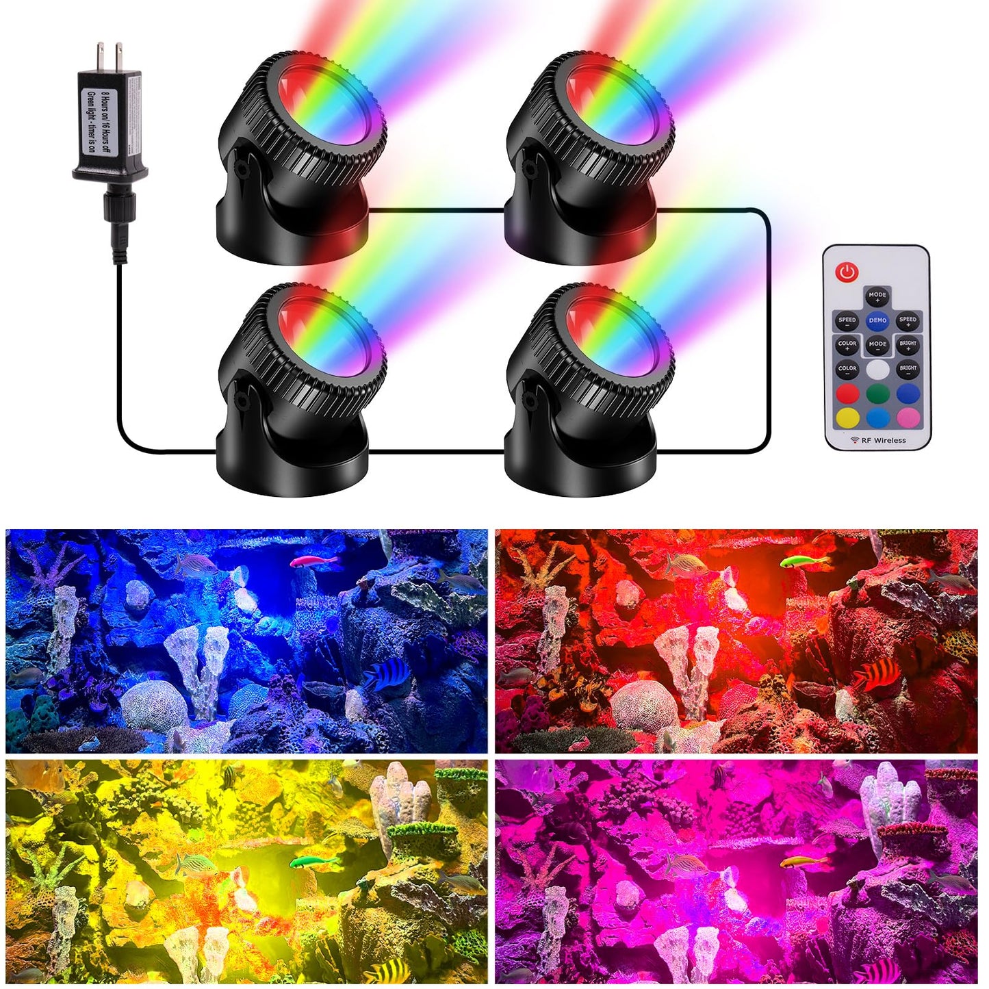 POPOSOAP RGB Underwater Pond Lights, IP68 Waterproof, 20 Colors, Remote Control, 4 Lights-RGB, Multicolor