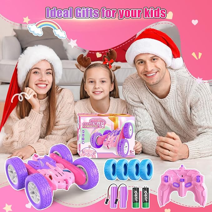 Remote Control Cars for Girls, 2.4GHz RC Stunt Car with 360° Flips & Double Sided Driving, Changeable Wheels, LED Headlights, Birthday Gift for 5-12 Year Old Girls (Pink)