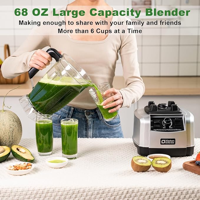 Powerful Blender for Kitchen 1500W, 68 Oz Large Capacity Countertop Blender for Smoothie with Stainless Steel Blades, BPA Free, Frozen Drinks, Ice Crush, Protein Shakes (Silver)