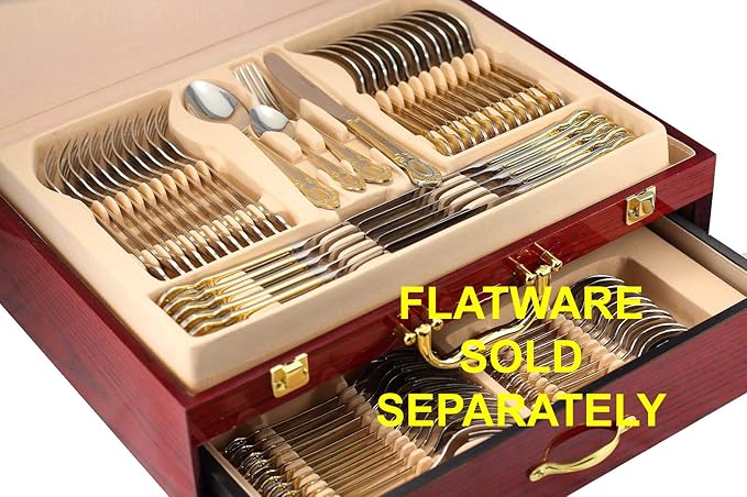 Flatware Chest holds up to 75 Pieces of Silverware Forks Knives Spoons, Deluxe 2-Drawer Storage Box Case w/High Gloss Finish, Gold-plated Handle & Latches