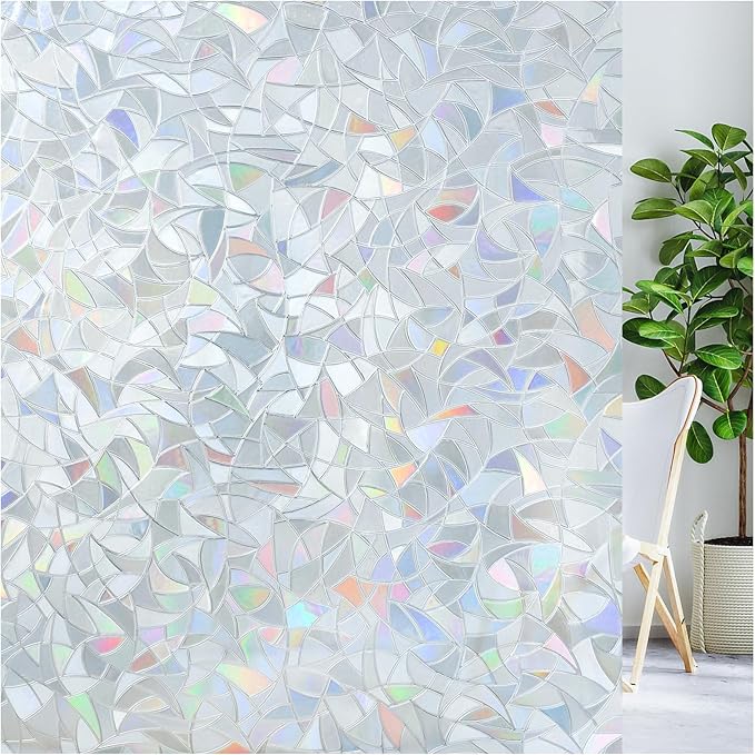 LUTE Window Privacy Film, Rainbow Window Flim, 3D Decorative Stained Glass Cling, Non-Adhesive Vinyl Static Cling UV Blocking Heat Control One Way Glass Covering for Home, Silver, 23.6 x 157.4 inches