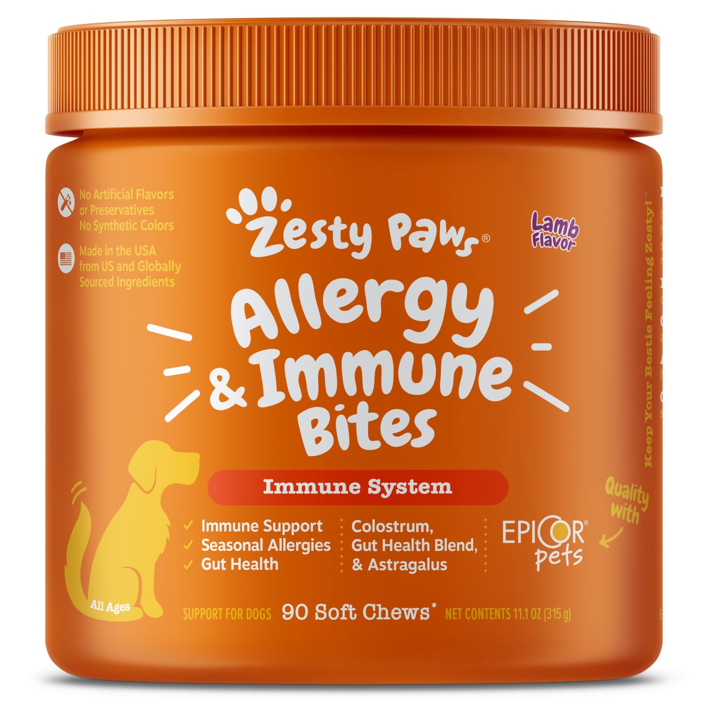 Zesty Paws Dog Allergy Relief Chews, Dog Probiotics for Itchy Skin and Ears, Lamb, 90ct