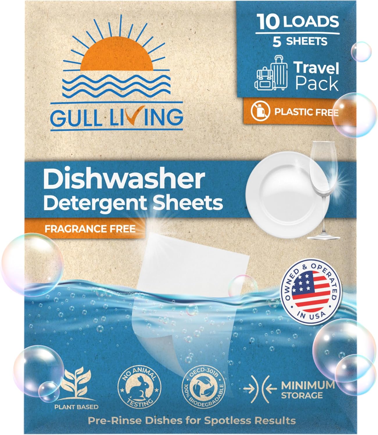Gull living Eco-Friendly Dishwasher Detergent Sheets - Natural Dishwashing Detergent - Plant Based Dishwasher Soap Sheets - Unscented & Plastic Free Travel Size 10 loads with sustainable Packaging.