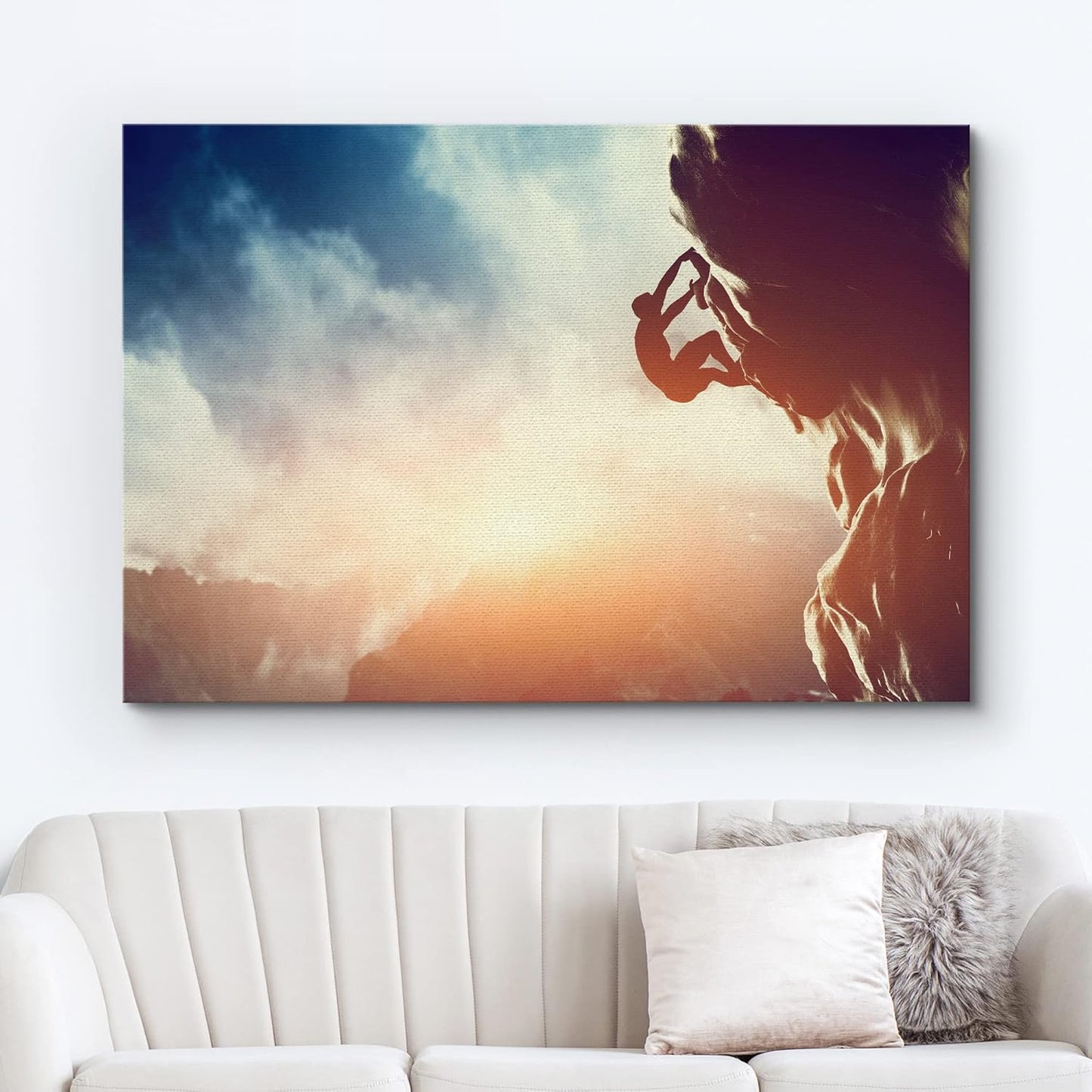 Canvas Prints Wall Art - Man Climbing on Rock Mountain at Sunset/Art of Ambition | Modern Home Deoration/Wall Art Giclee Printing Wrapped Canvas Art Ready to Hang - 16" x 24"