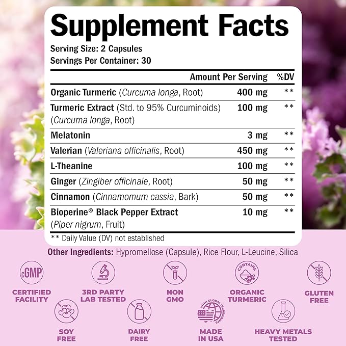 Turmeric Supplement - Turmeric Curcumin with Black Pepper, Melatonin 3mg & Valerian. Natural Sleep Aid for Adults with L-Theanine, Ginger, Valerian Root Capsules. Aids Relaxation and Mood. 60 Capsules