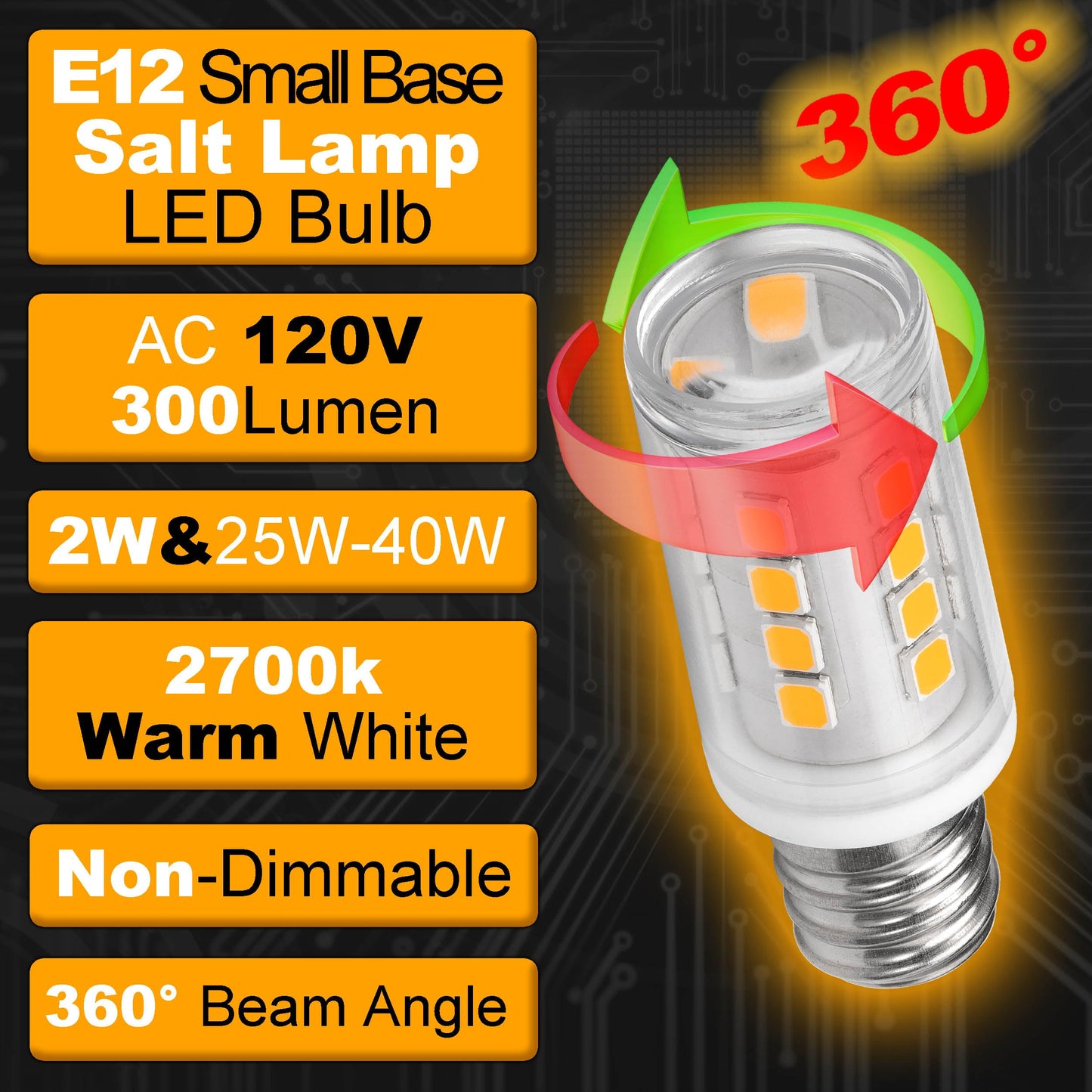 2W C7 E12 Led Salt Lamp Replacement Bulb 300Lm Warm White 2700K 120V E12 Candelabra Base For 25W-40W Himalayan Salt Lamp Night Light Chandelier Christmas Lighting Dryer Refrigerators Bulb  2 Pack