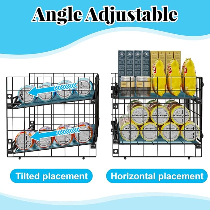 2-Tier Stackable Can Rack Organizer for Pantry Shelf, Adjustable Extra-Long Can Holder for Kitchen Organization Storage, Heavy Duty Can Dispenser for Canned Soup Food Goods Storage up to 64, Black