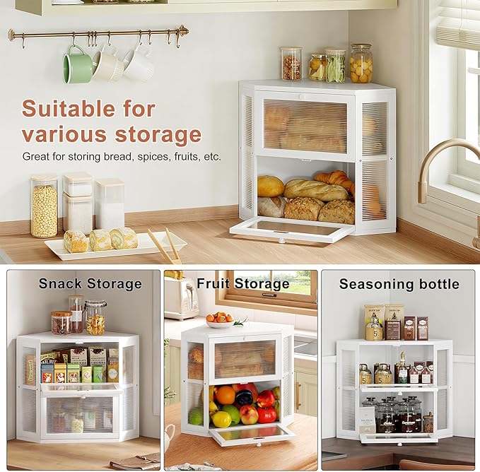 WOWLIVE Corner Bread Box for Kitchen Countertop, Double Layer Bamboo Bread Storage Container, Large Farmhouse Bread box with Acrylic Wavy Door Panel, Under Cabinet Organizer (White, Medium)