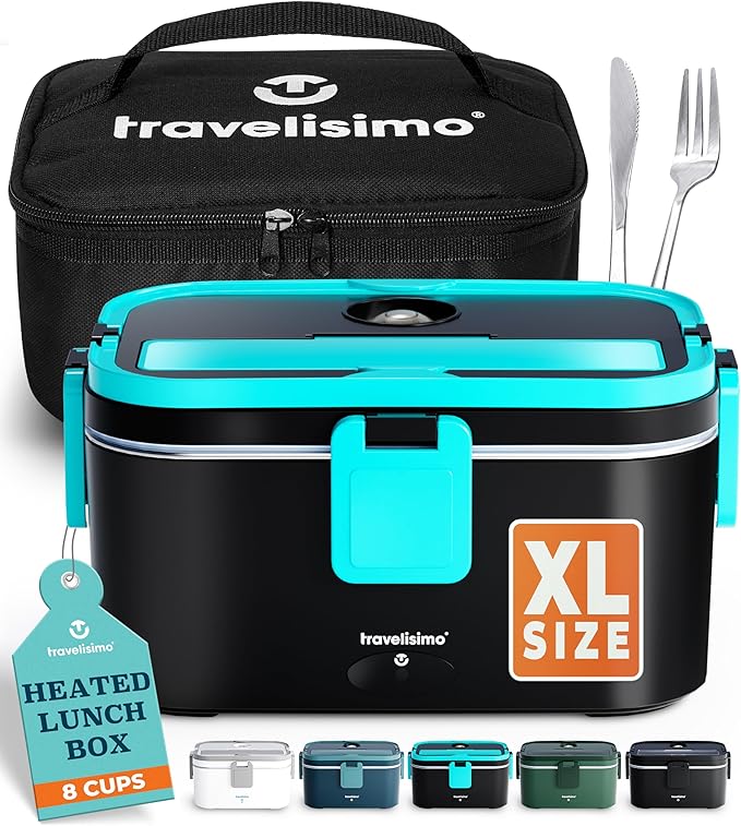 TRAVELISIMO Extra-Large Electric Lunch Box For Adults Holds up to 8 Cups - 80W Heated Lunch Box 1.8L Electric Food Warmers for Travel & Work, Portable Food Warmer - Loncheras Para Hombres De Trabajo