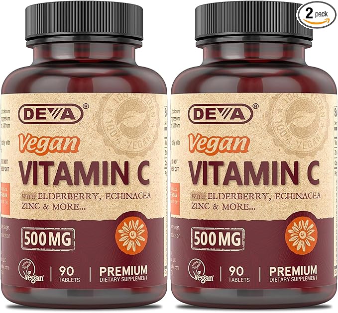 DEVA Vegan Vitamin C 500mg 2-Pack with Zinc, Elderberry, Echinacea & More, 90 Tablets Ea