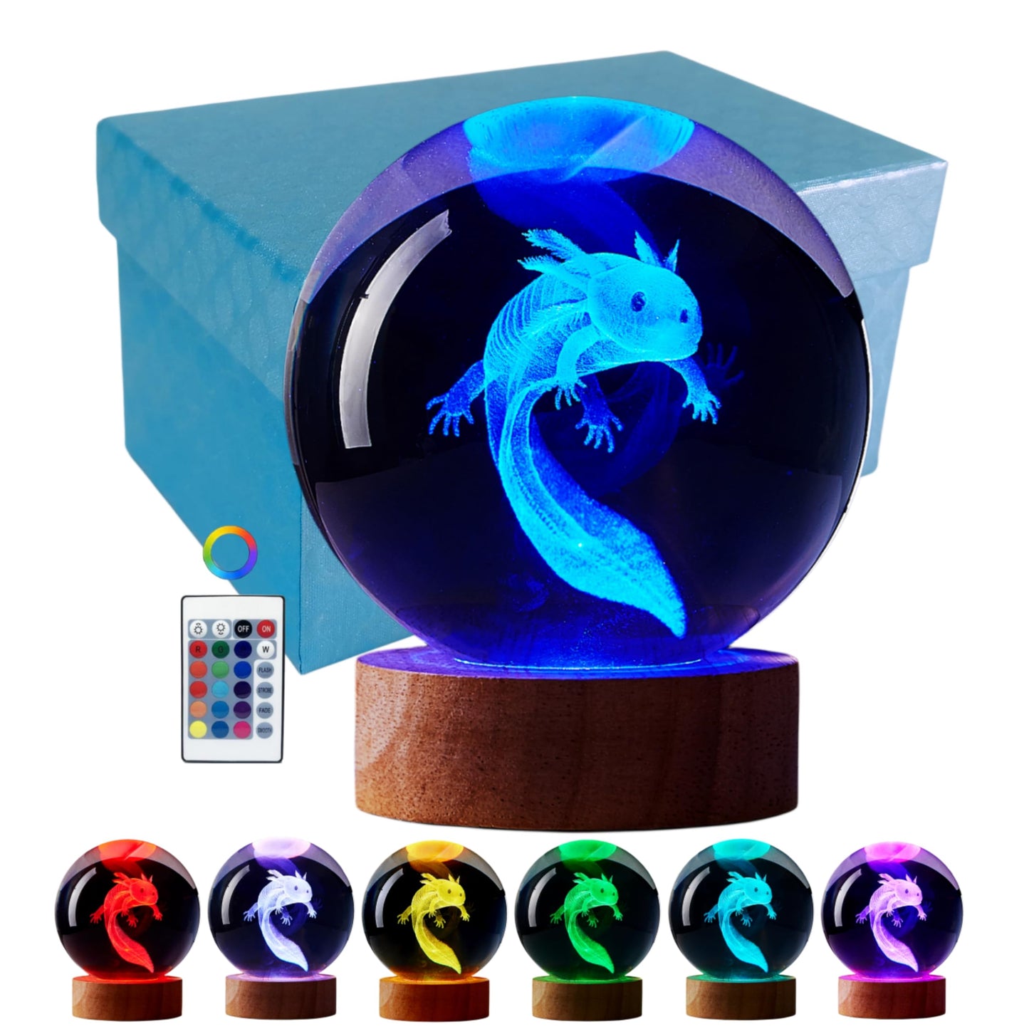 DIGFPWT Axolotl Crystal Ball Night Light, 3.15 Inch, LED Wooden Base, Remote Control, 16 Colors, Gift Box Packing, Axolotl A