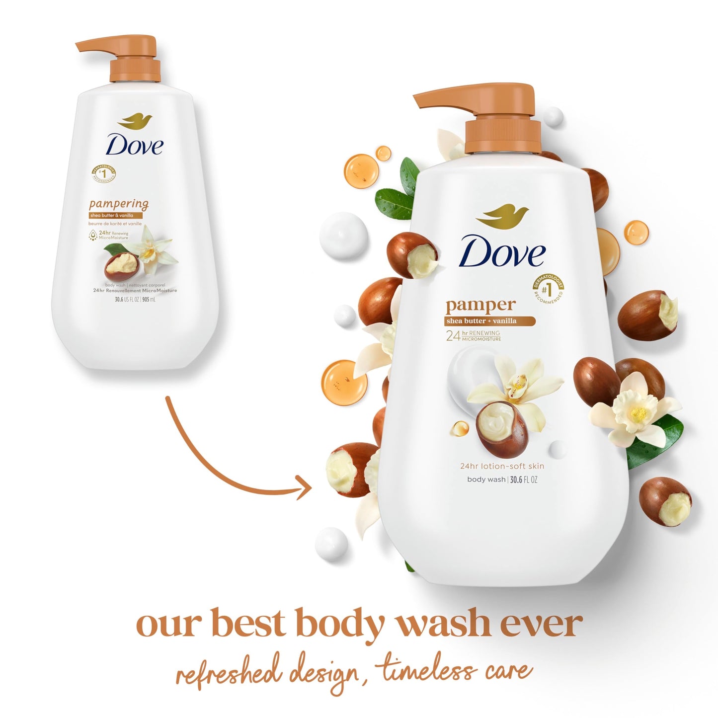 Dove Body Wash with Pump Pamper Shea Butter & Vanilla for 24hr Lotion-Soft Skin Moisturizing Skin Cleanser with No Sulfates No P