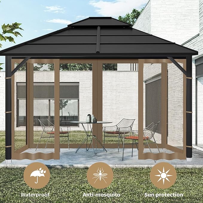 Gazebo Replacement Mosquito Netting Outdoor Universal Gazebo Canopy 4-Panels Screen Sidewalls with Zipper for Patio Garden (Brown, 10x10)