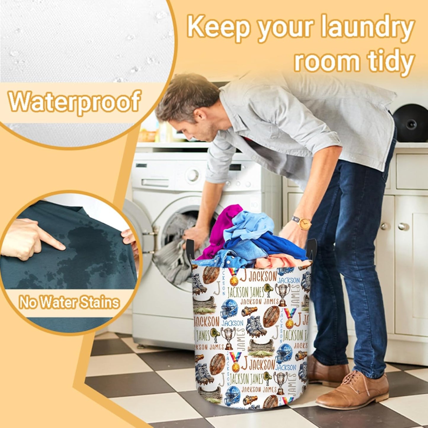 Personalized Football Laundry Basket, Custom Sports Laundry Hamper With Name Gifts For Kids Baby Adults, Collapsible Dirty Clothes Storage Organizer With Handles M 19.6 X 15.7in