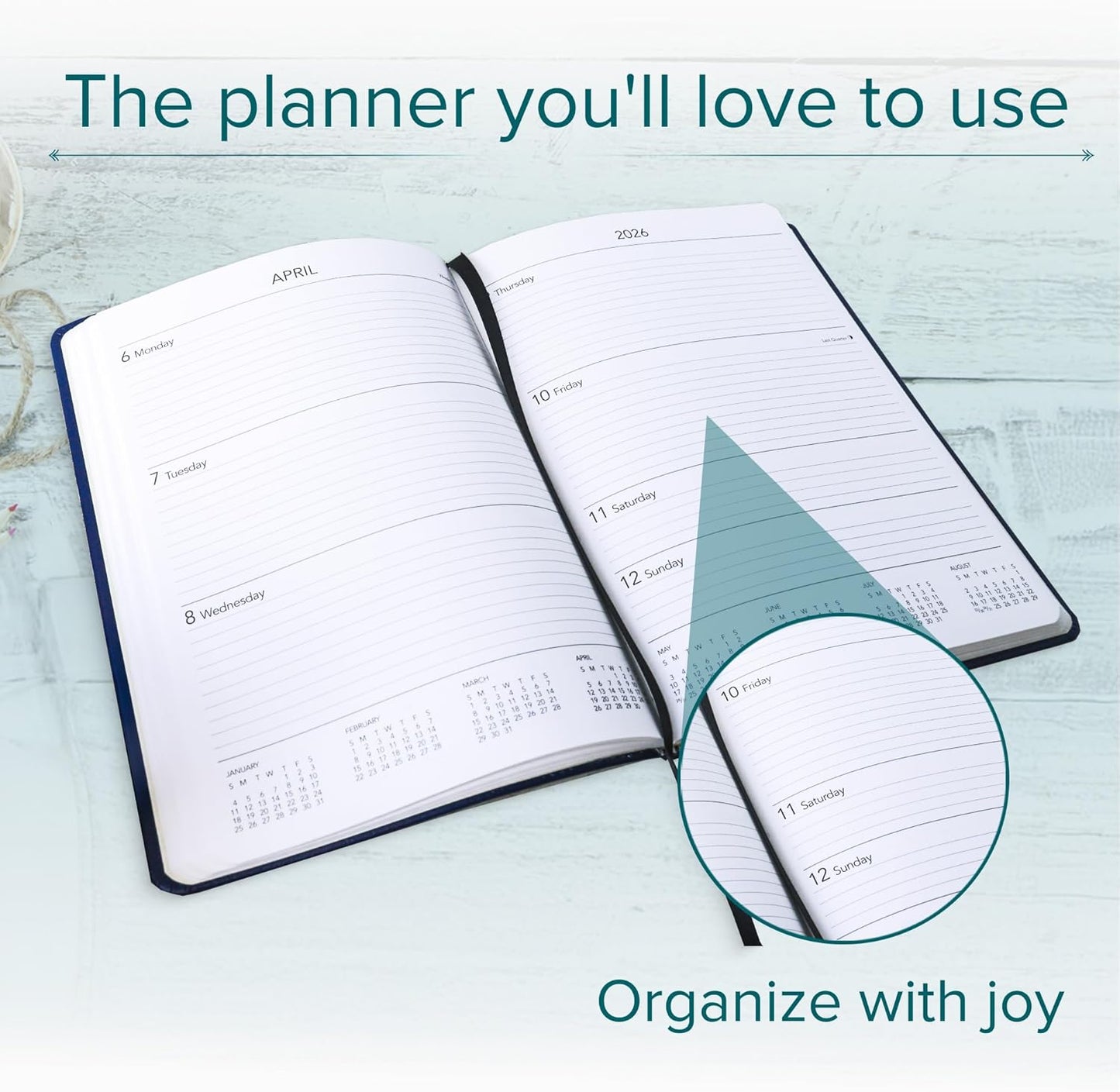 Harbor Desk Weekly Monthly Planner 2025-2026 - Calendar Planner and Notebook, Durable Faux Leather, 192 Pages, Softcover & Book Bound - Leida Navy - 8x5.5"