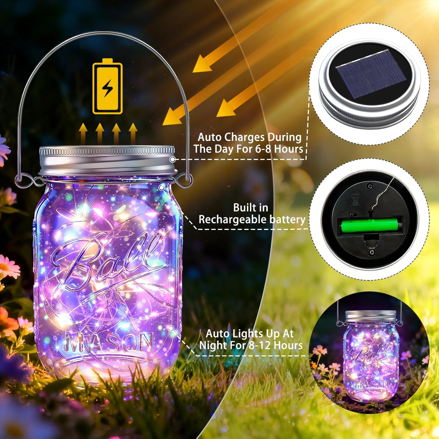 ZNYCYE Solar Mason Jar Lights, 12 Pack 30 LED Firefly String Lights, Waterproof Outdoor Hangers, Multicolor
