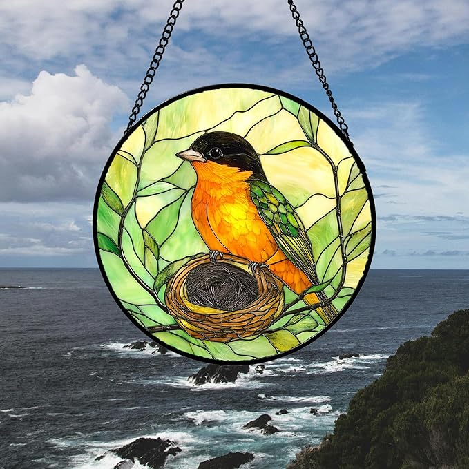 Stained Glass Window Hanging 4 Pcs Set Bird Theme On Branch Large 15" - Cardinal Suncatcher Door Garden Sun Catcher Decor Birthday Christmas for Mom Woman Nana Men