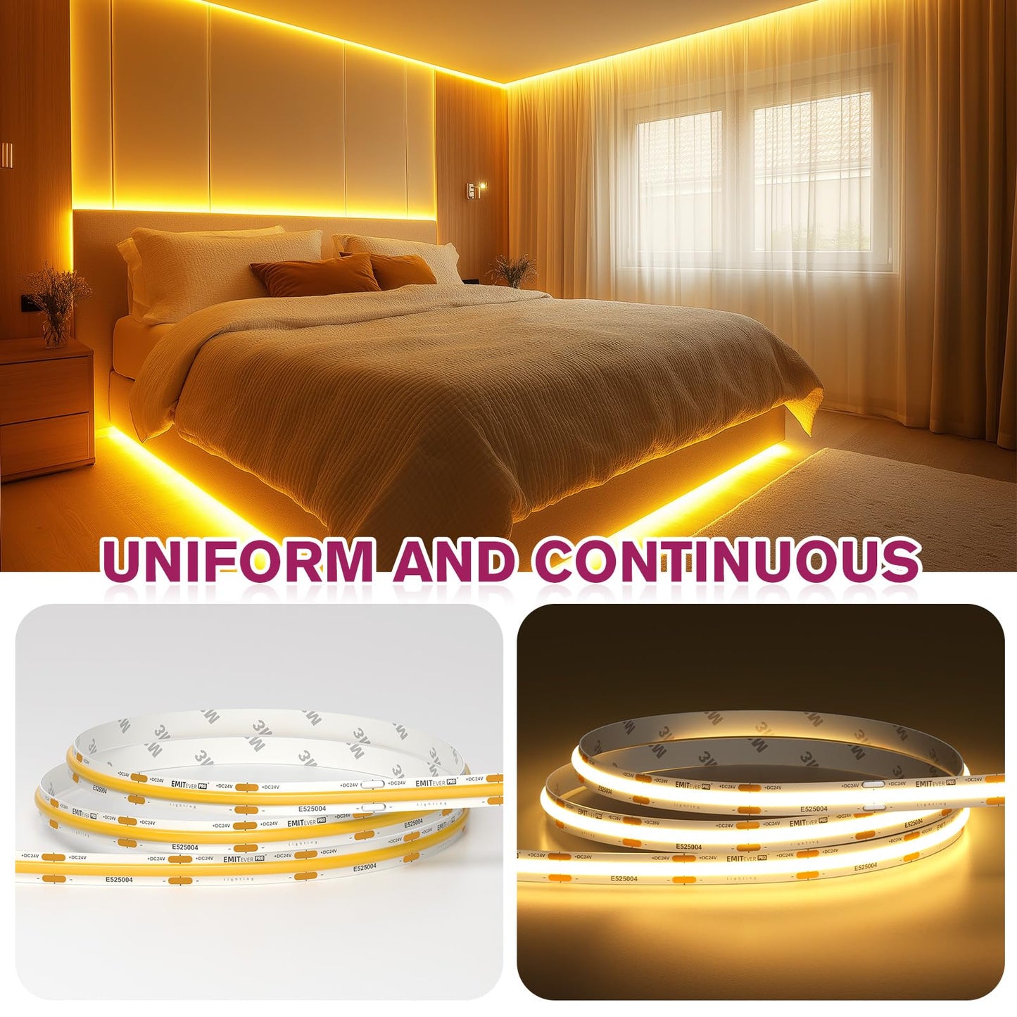 EMITEVER COB LED Strip Lights Warm White, 2700K Tape Light Premium High Density, DC 24V, 400+Lumens/ft, 5120LEDs/Spool, Ra 90+, 32.8ft/10m,UL Listed 5 Year After-Service(Power Supply Sold Separately)