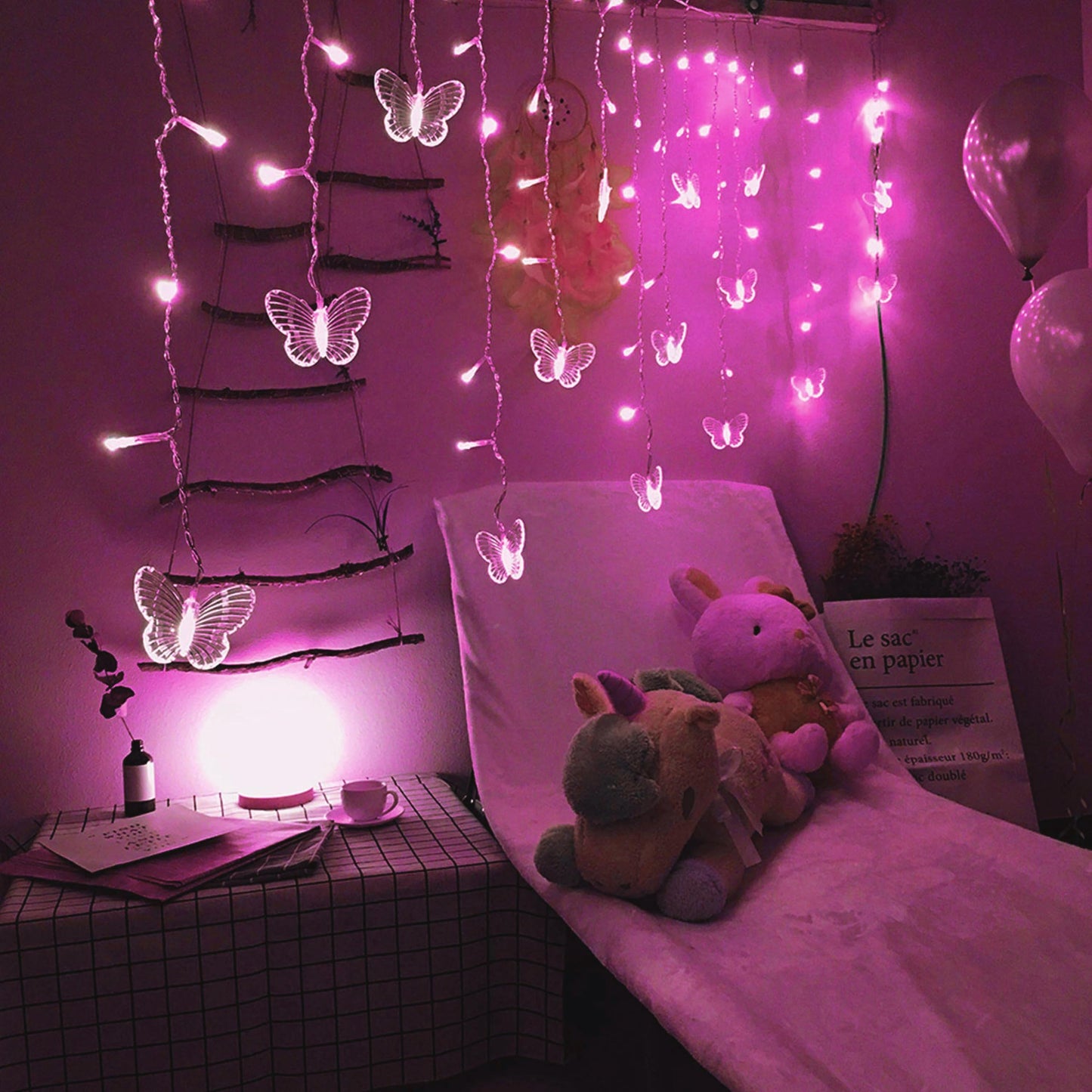 Decorman Butterfly Curtain Lights, 13ft 96 LED, USB Fairy Lights, 8 Modes, Pink, Model CLD-B-R-001