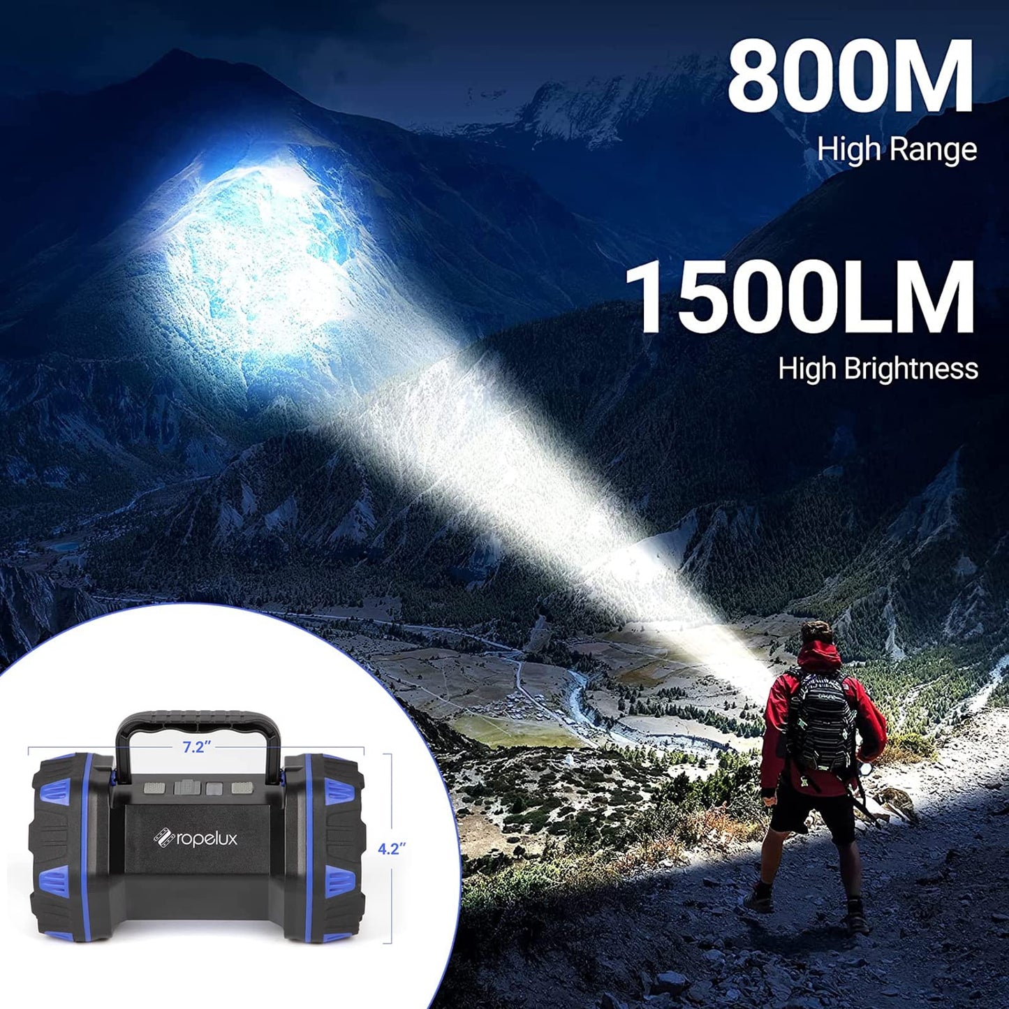 ropelux LED Camping Lantern 1500LM, 8 Light Modes, 1PACK, Blue, Model HC-262, Rechargeable, Portable Flashlight