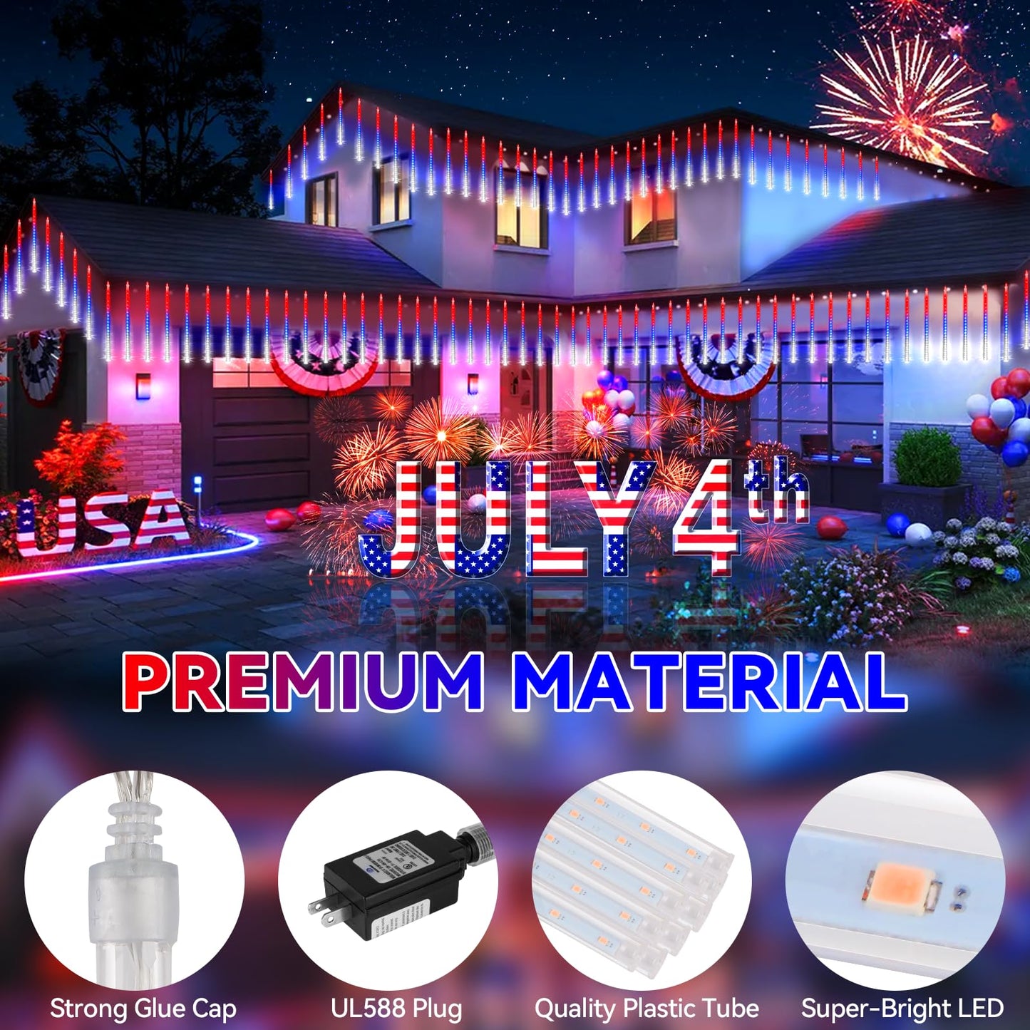 KNONEW 40 Tube LED Meteor Shower Lights, Red White Blue, Waterproof Outdoor Decor for 4th of July, Model KN-1000-LIG168-01