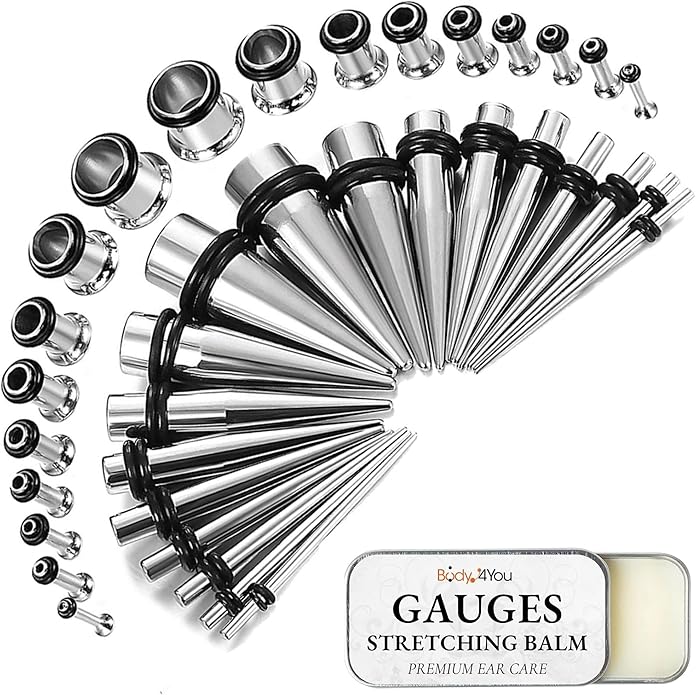 BodyJ4You 37PC Ear Stretching Kit - Beginner Gauges 14G-00G Starter Set - Aftercare Balm Wax - Steel Tapers Single Flare P...