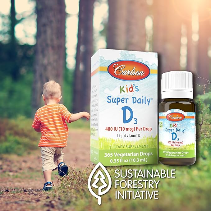 Carlson - Kid's Super Daily D3, Kids Vitamin D Drops, 400 IU (10 mcg) per Drop, Heart & Immune Health, Vegetarian, Liquid Vitamin D Drops, Unflavored, 365 Drops