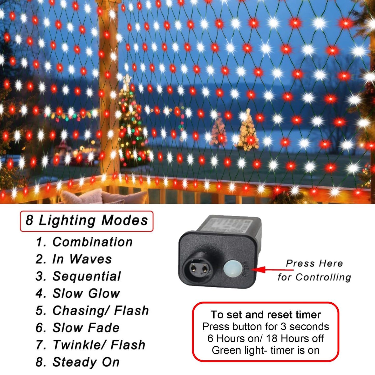 Pooqla Christmas Net Lights, 360 LED, 21ft x 5ft, Red and White, 8 Modes, Connectable for Outdoor Decor