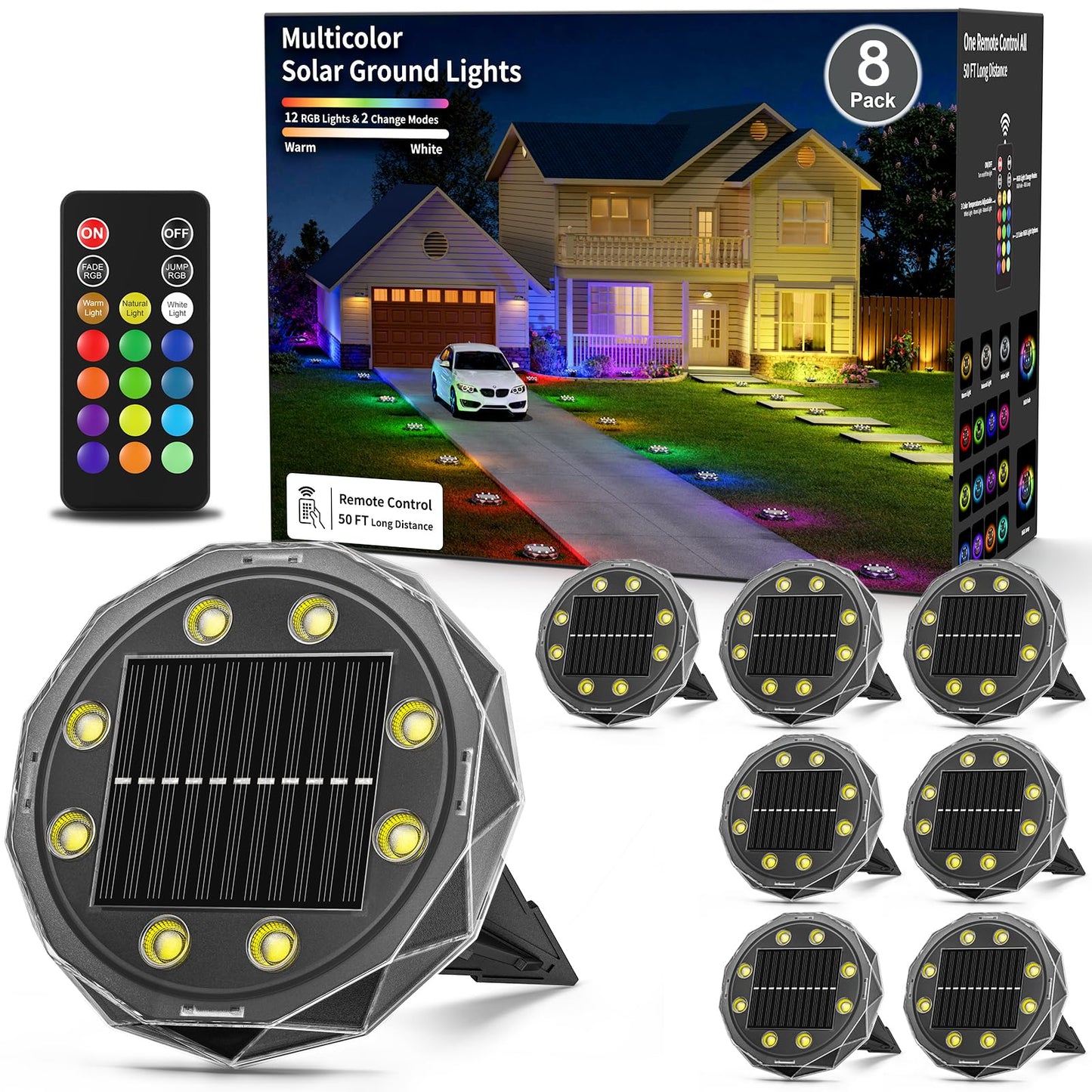 Solar Ground Lights with Remote Control 50ft,IP67 Waterproof Solar Garden 15 Multi Color Lights,RGBYW Solar Powered Outdoor Landscape Lighting for Pathway,Yard,Deck,Lawn,Patio,Walkway,Poolside,8 Pack