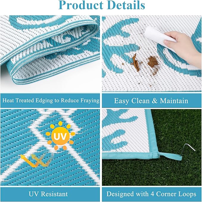 Vaukki Reversible Rugs, Plastic Straw Outdoor Doormat, Fade Resistant Plastic Outdoor Patio Mat, Lightweight Ocean Area Carpet for Patio, RV, Camping, Beach, Deck, Backyard and Picnic (Teal, 5'x8')