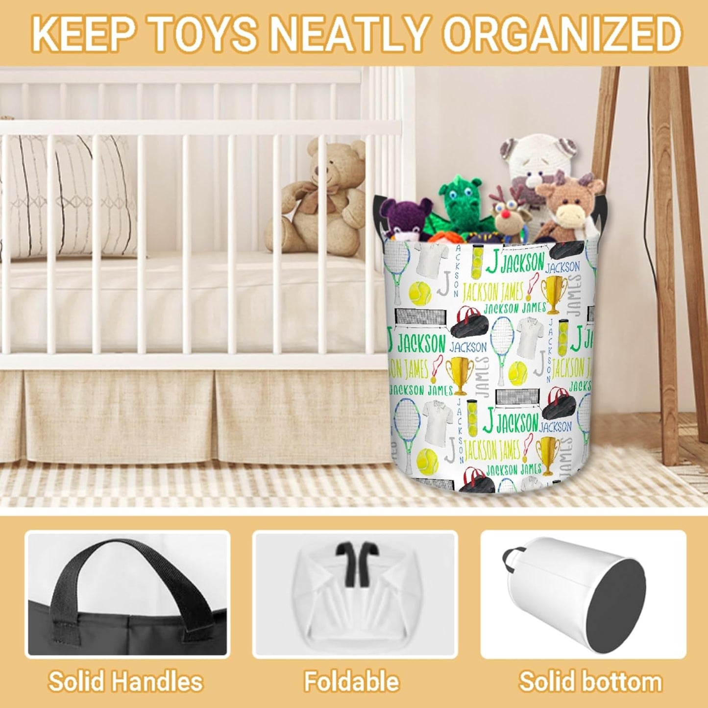 Personalized Tennis Laundry Basket, Custom Sports Laundry Hamper With Name Gifts For Kids Baby Adults, Collapsible Dirty Clothes Storage Organizer With Handles M 19.6 X 15.7in