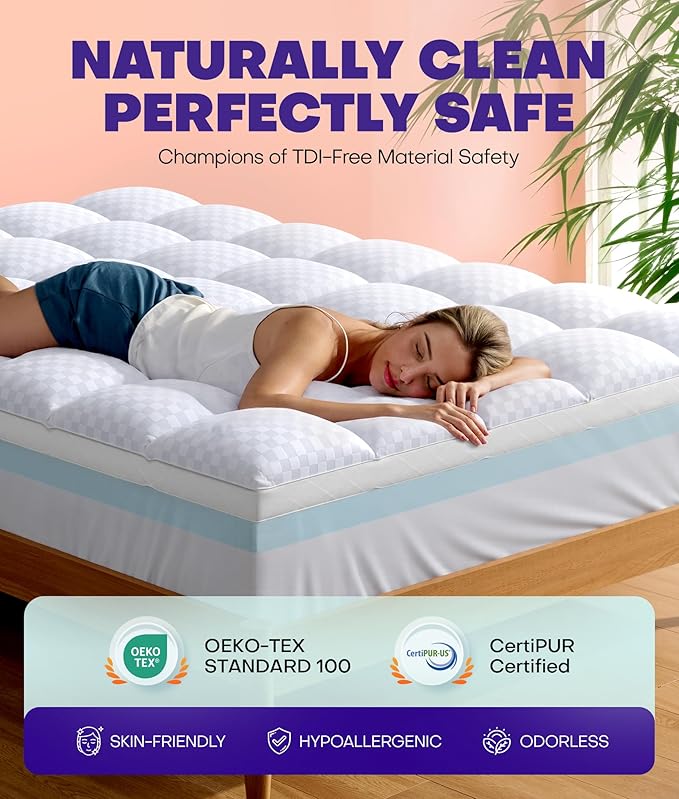 Dual Layer 4 Inch Memory Foam Mattress Topper for Pressure Relief with 4X Support, 2" Fluffy Pillow Top California King Mattress Topper 50% Viscose Made from Bamboo Plus 2" Cooling Gel Memory Foam