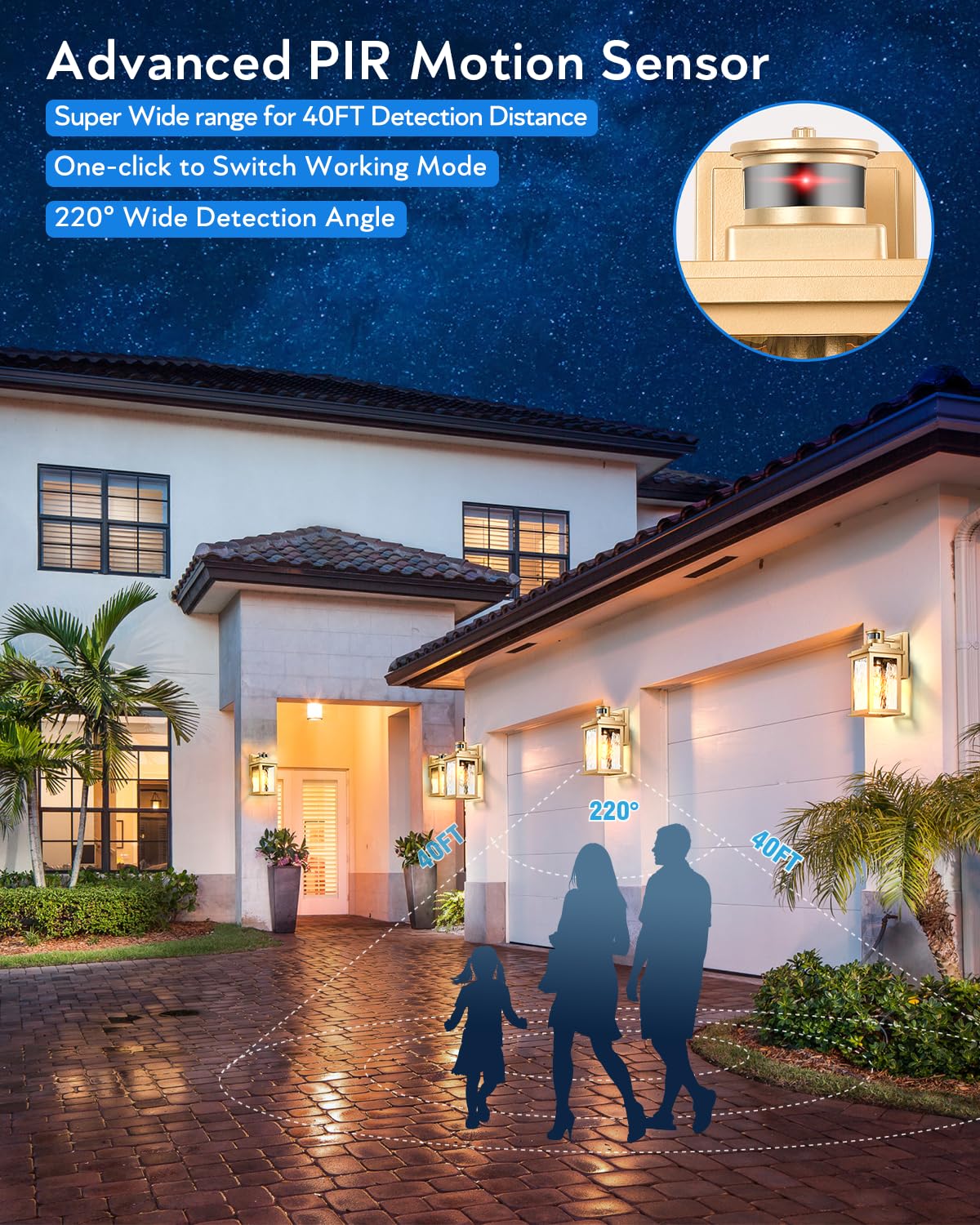 Vianis Motion Sensor Porch Lights - Outdoor Wall Fixtures, Gold Aluminum, Dusk To Dawn, Waterproof, Model V81011Gd