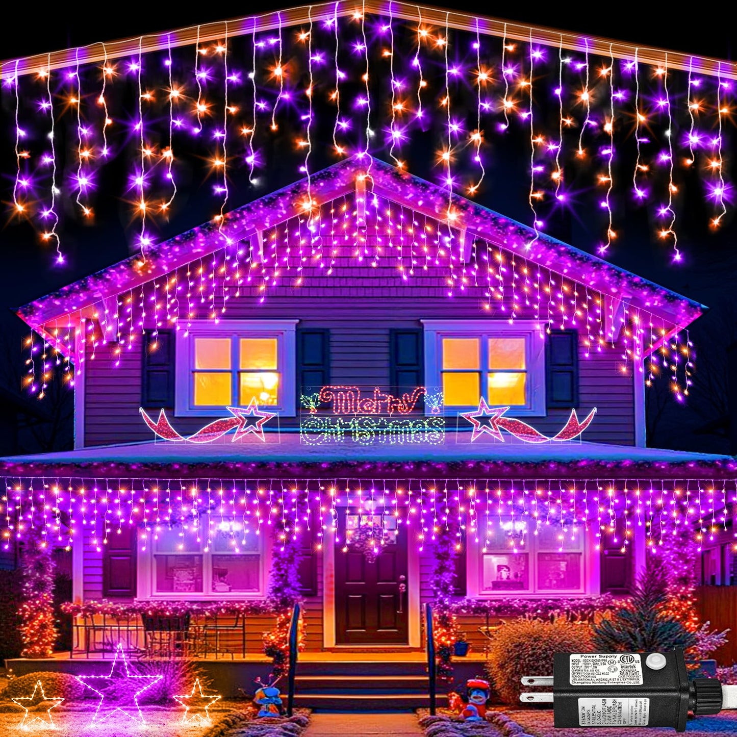 33Ft Christmas Lights Outdoor  400 Led Icicle Lights For Outside  Orange And Purple Twinkle Christmas Light With Connectable Clear Wire 8 Modes Timer Waterproof For House Party Tree Holiday Yard Decor