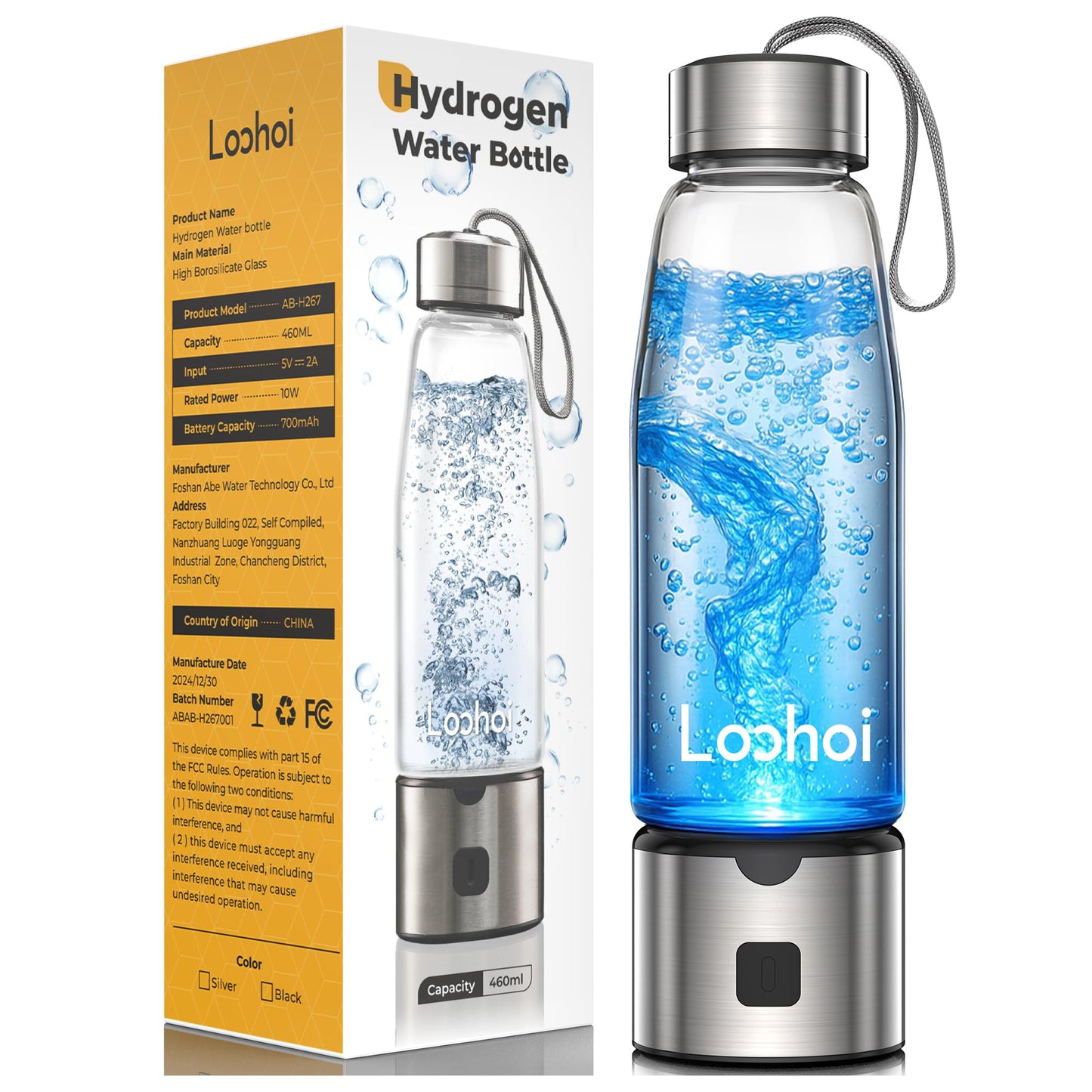 LOOHOI Hydrogen Water Bottle,Portable SPE/PEM Hydrogen Generator Cup 16oz,Rich Hydrogen Infused Water Maker for Health, Fitness,Gift for Home, Office & Travel