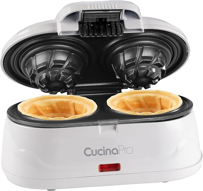 Double Waffle Bowl Maker- Make two 4″ Ice Cream Cone Bowls at Once in Just Mins- Holiday Dessert Appliance for Yogurt Fruit Snacks- Nonstick Iron Easy Clean Electric Kitchen Gadget w Recipes Xmas Gift