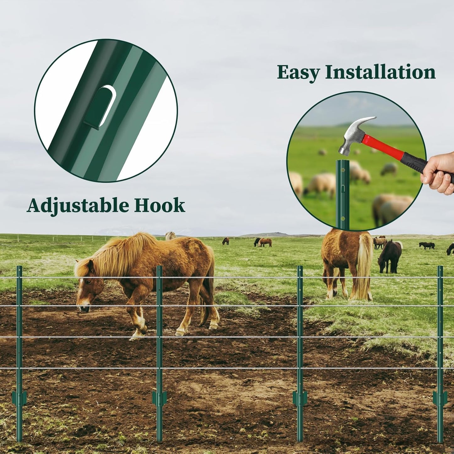 20 Pack Garden Fence Post, 4 Feet Heavy Duty Metal U-Post for Wire Fence, No Dig Garden Fence Stakes for Temporary Fencing, Electric Fence Wire, Corner Anchor, and More-Green