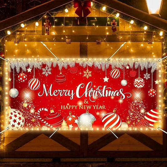 6x13ft Christmas Garage Door Cover Banner Decorations 2025 Happy New Year LED Light String Large Christmas Photo Backdrop ...
